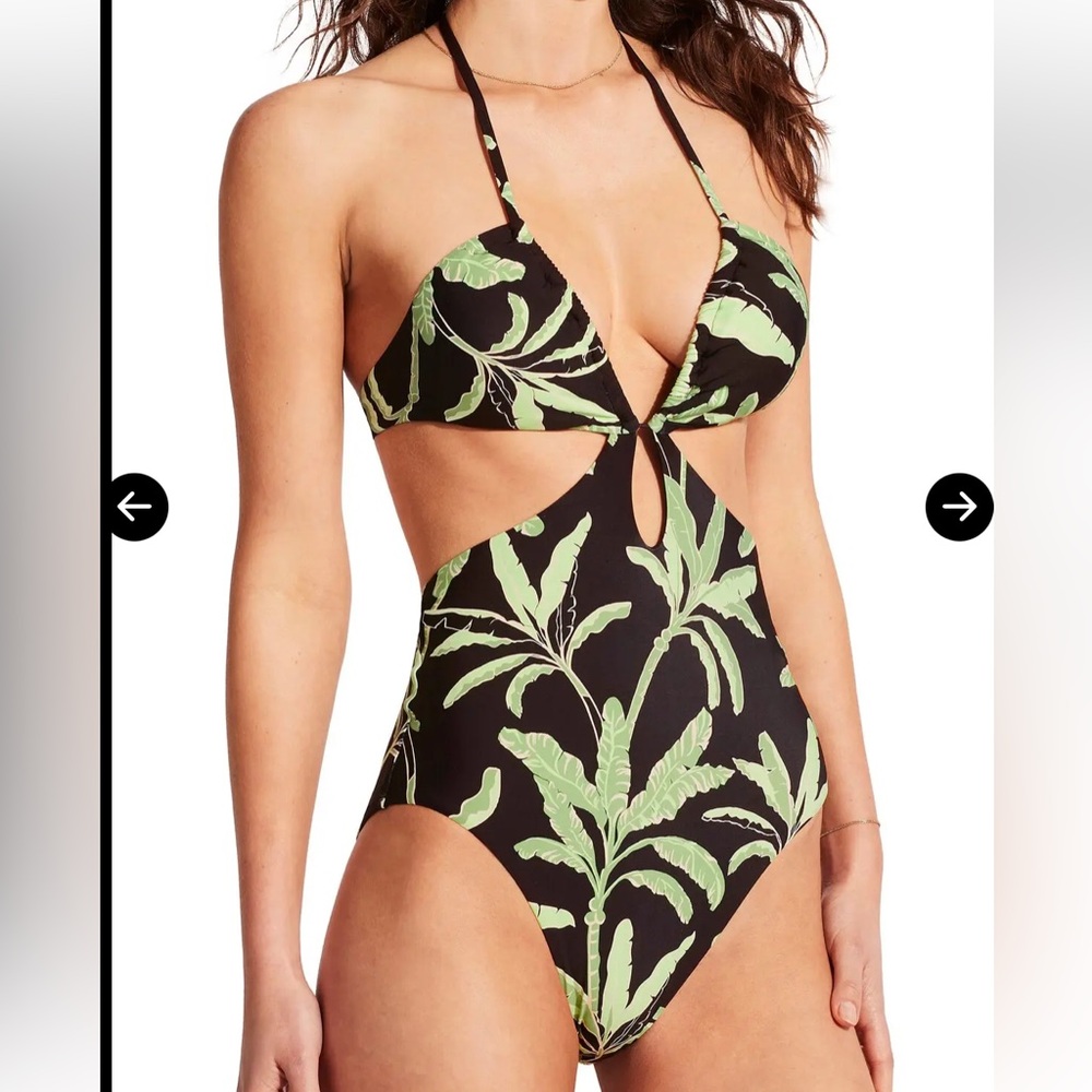 NWT Seafolly Black and Green Leaf Print One Piece Swimsuit